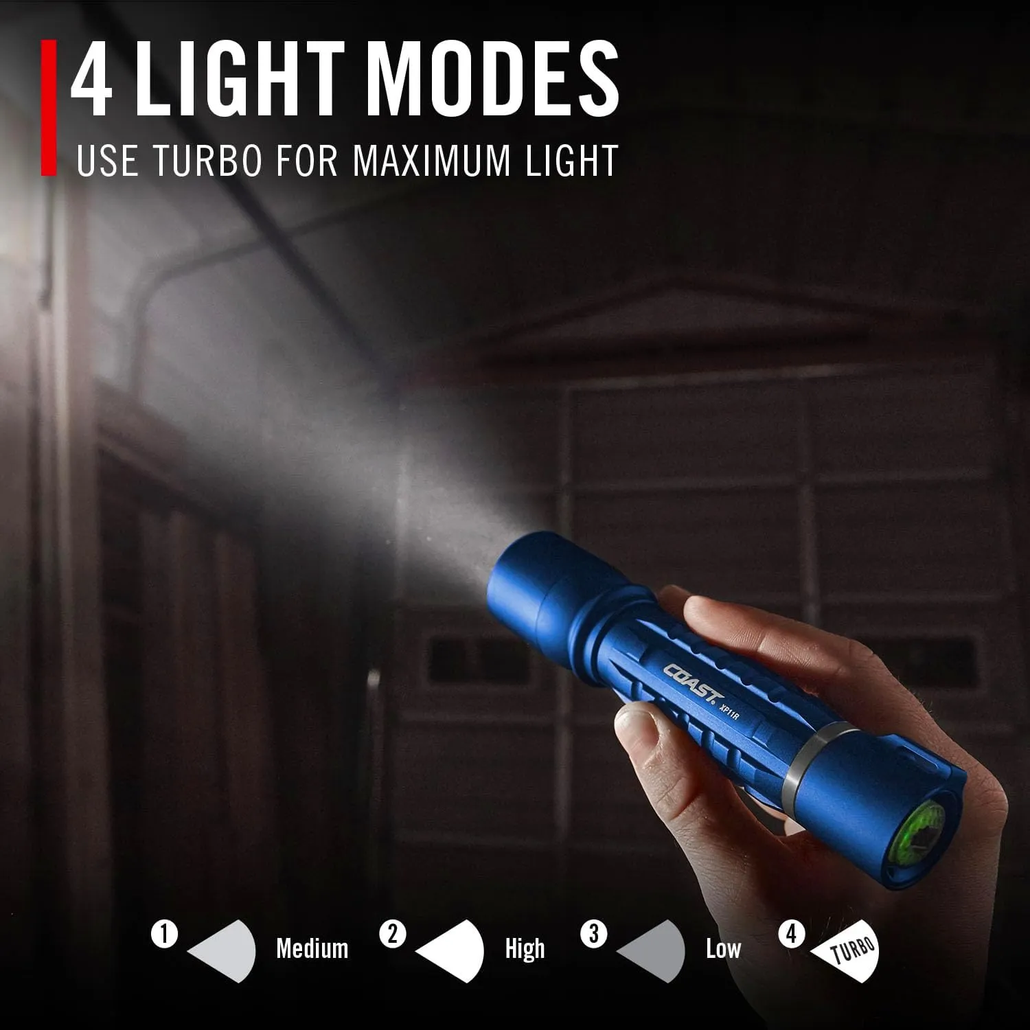 Coast XP11R 2600 Lumen USB-C Rechargeable LED Flashlight with Slide Focus® and Pure Beam® Focusing Optic, 4 Light Modes, Blue