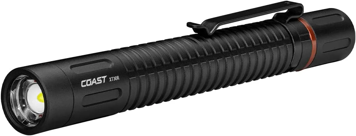 Coast XT30R 1000 Lumen Rechargeable LED Pocket Flashlight, 5 Light Modes with 2-Way Clip and Bite Caps Included