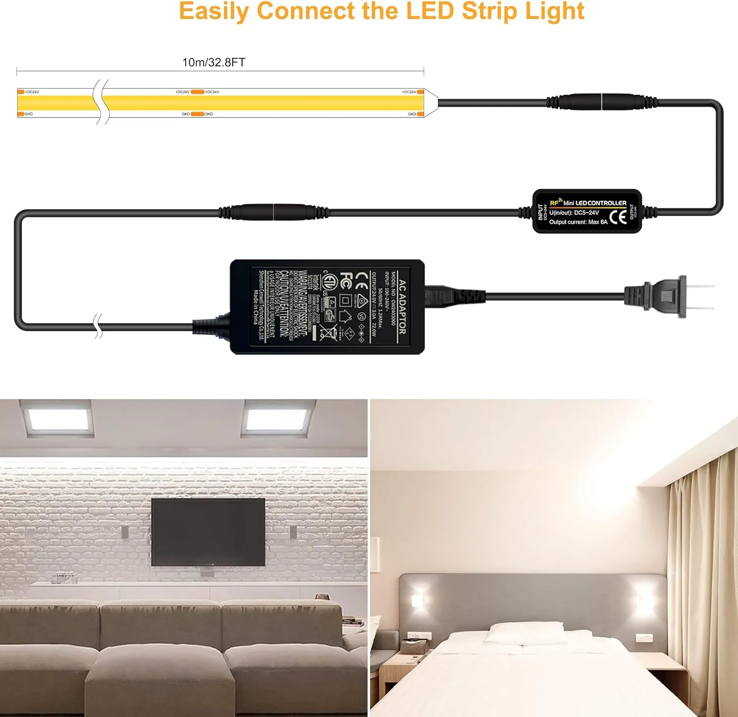 COB LED Strip 32.8ft,Dimmable Strip Lights, 6000K Daylight Super Bright LED Strip Lights, DC24V CRI90 ,LED Tape Light with UL-Listed Power Supply, Indoor for Closet,Bedroom,Kitchen