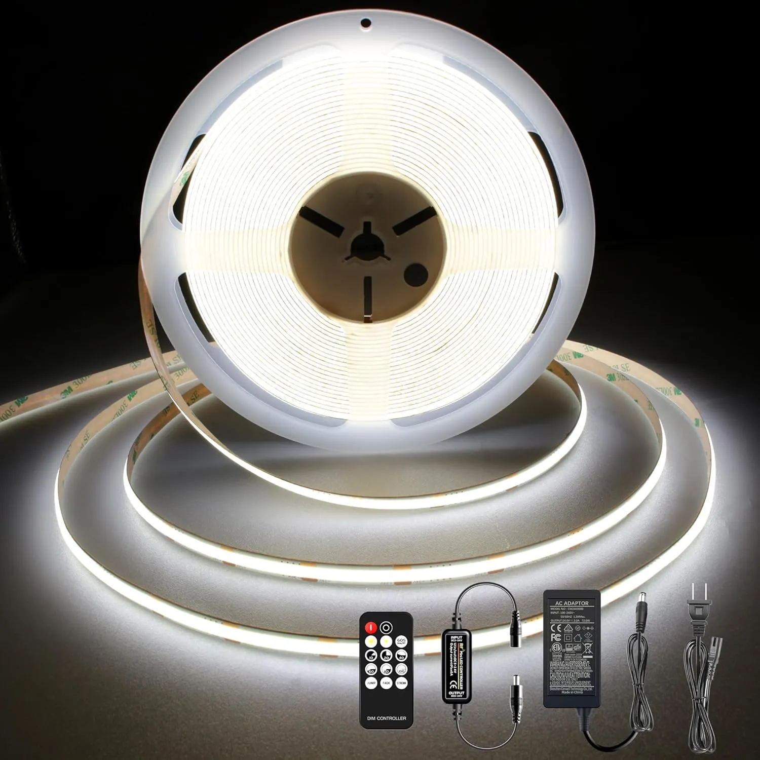 COB LED Strip 32.8ft,Dimmable Strip Lights, 6000K Daylight Super Bright LED Strip Lights, DC24V CRI90 ,LED Tape Light with UL-Listed Power Supply, Indoor for Closet,Bedroom,Kitchen