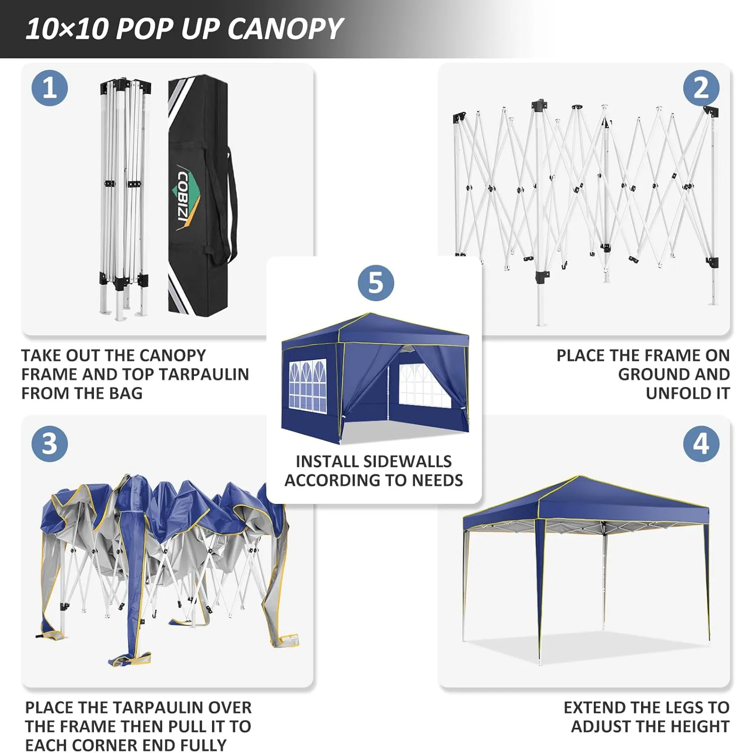 COBIZI 10x10 Pop Up Canopy Tent with 4 Removable Sidewalls, One Person Setup, Outdoor Event Commercial Canopy, UV Protection 50 , 3 Adjustable Heights, Carry Bag, Sandbag, Stakes & Ropes, Navy Blue