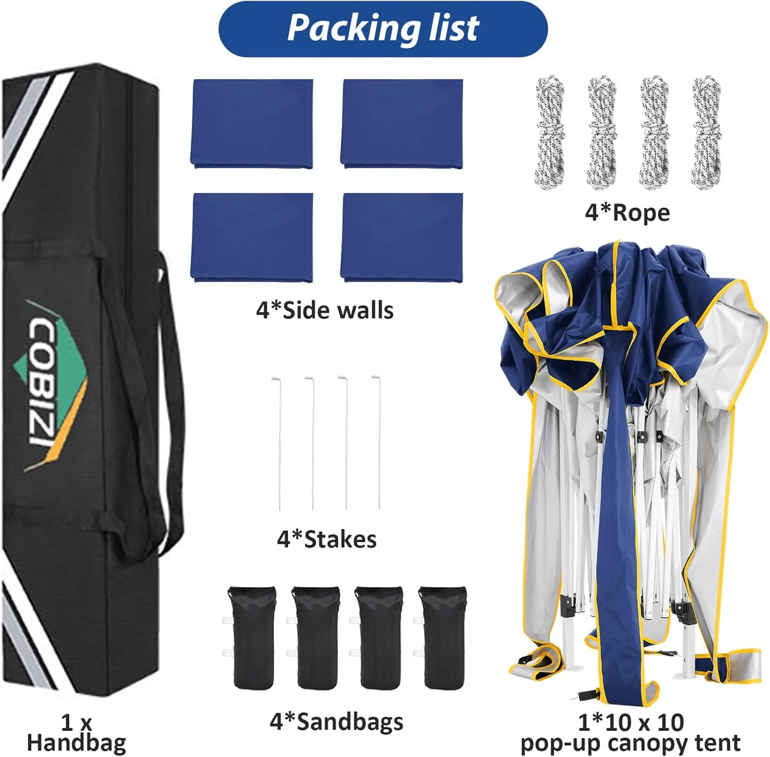 COBIZI 10x10 Pop Up Canopy Tent with 4 Removable Sidewalls, One Person Setup, Outdoor Event Commercial Canopy, UV Protection 50 , 3 Adjustable Heights, Carry Bag, Sandbag, Stakes & Ropes, Navy Blue