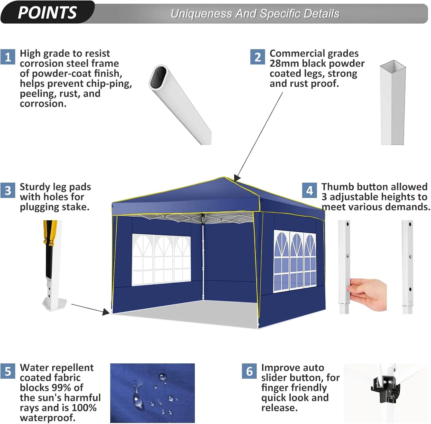COBIZI 10x10 Pop Up Canopy Tent with 4 Removable Sidewalls, One Person Setup, Outdoor Event Commercial Canopy, UV Protection 50 , 3 Adjustable Heights, Carry Bag, Sandbag, Stakes & Ropes, Navy Blue