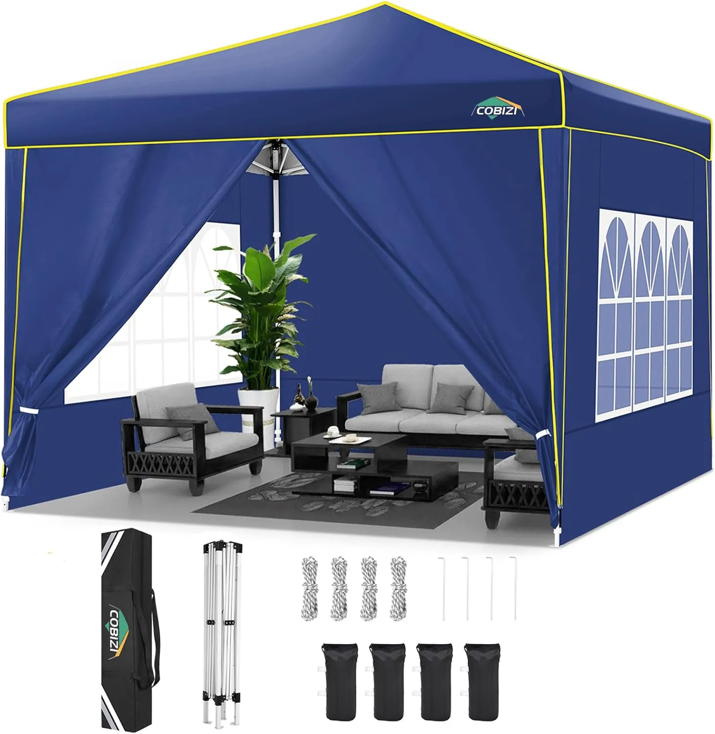 COBIZI 10x10 Pop Up Canopy Tent with 4 Removable Sidewalls, One Person Setup, Outdoor Event Commercial Canopy, UV Protection 50 , 3 Adjustable Heights, Carry Bag, Sandbag, Stakes & Ropes, Navy Blue