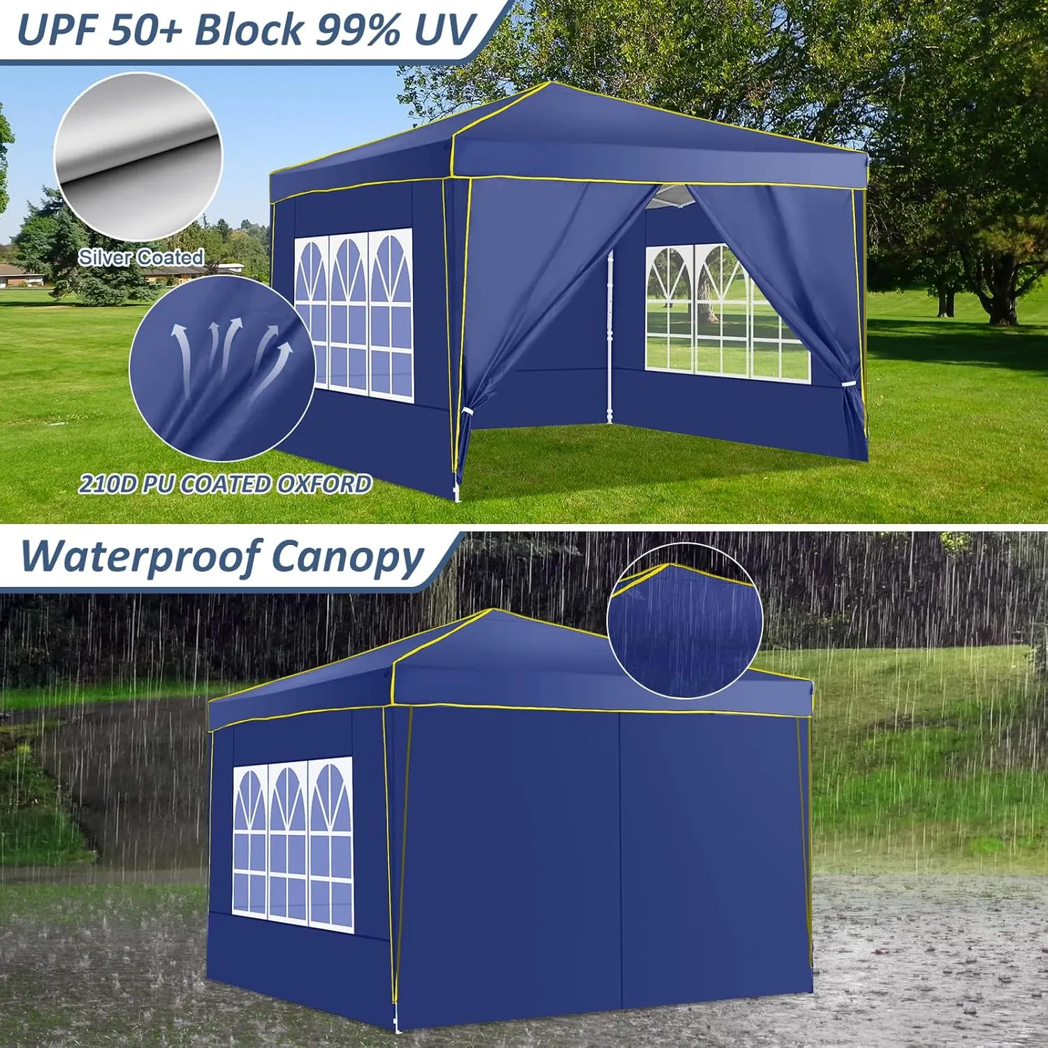 COBIZI 10x10 Pop Up Canopy Tent with 4 Removable Sidewalls, One Person Setup, Outdoor Event Commercial Canopy, UV Protection 50 , 3 Adjustable Heights, Carry Bag, Sandbag, Stakes & Ropes, Navy Blue