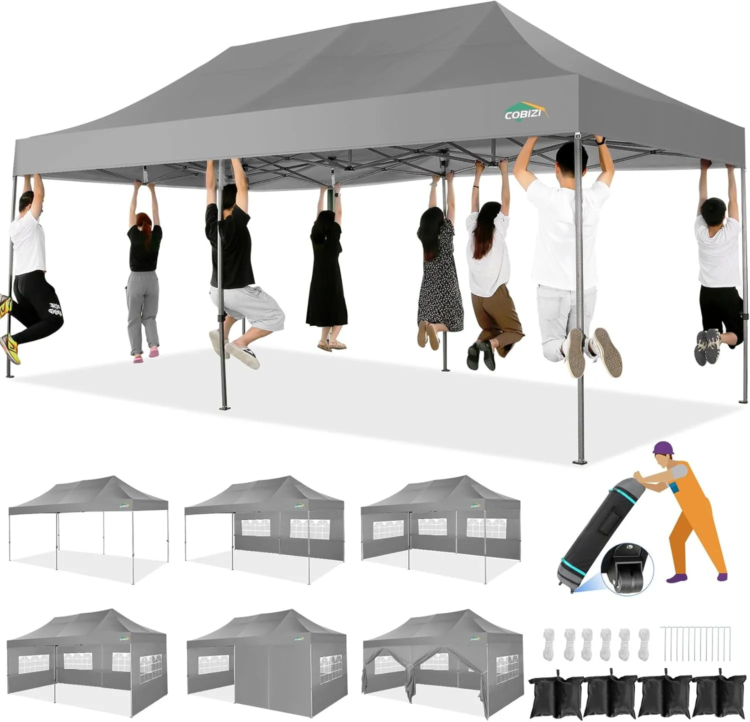 COBIZI 10x20 Heavy Duty Pop up Canopy Tent with 6 sidewalls Easy Up Commercial Outdoor Canopy Wedding Party Tents for Parties All Season Wind & Waterproof Gazebo with Roller Bag,Grey(Frame Thickened)