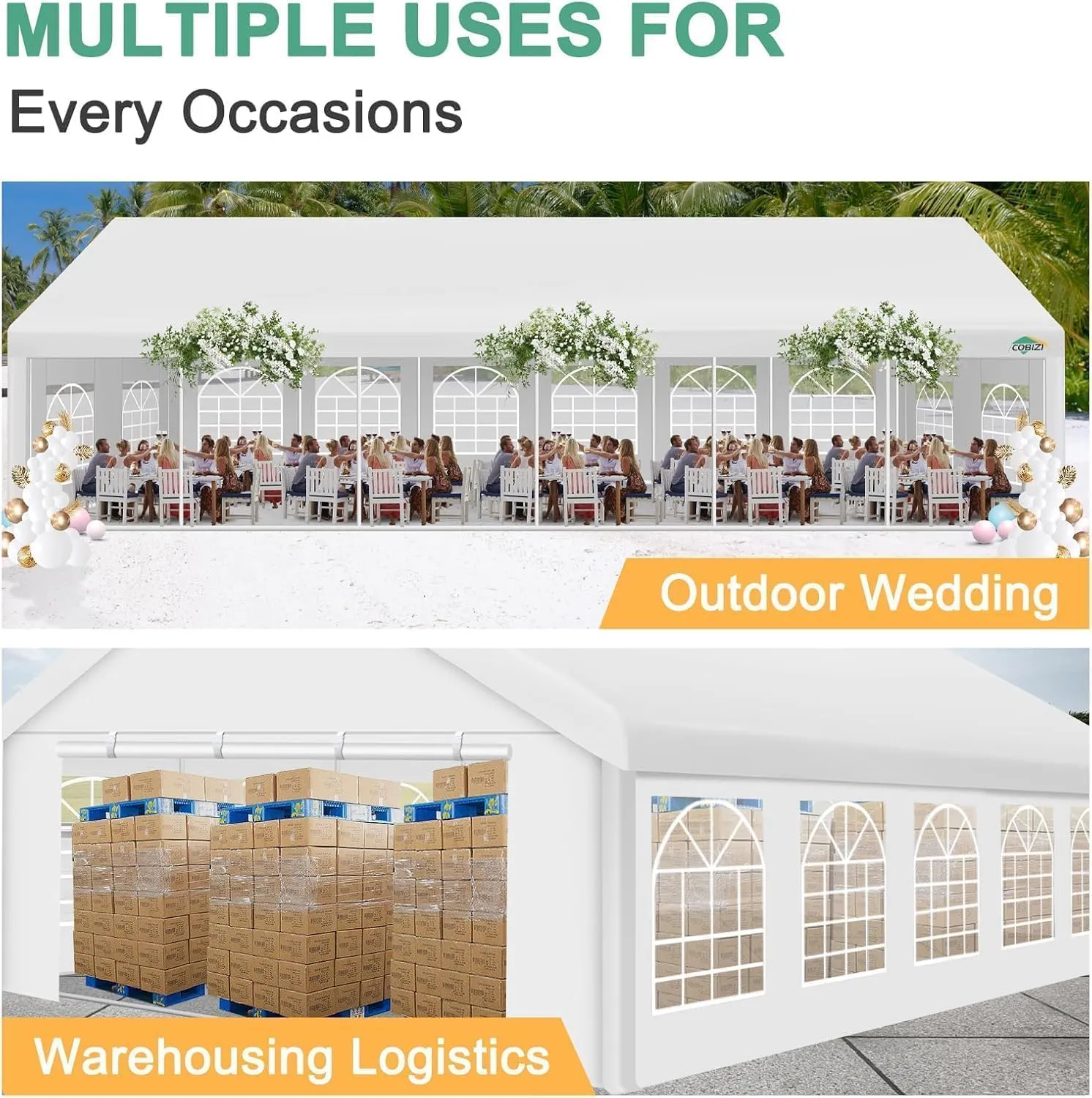 COBIZI 20x40FT Party Tent Heavy Duty Outdoor Gazebo White Event Shelter Wedding Canopy Tent for Parties Carport BBQ with Removable Sidewall Windows, Powder Coating (Better Than Galvanized)