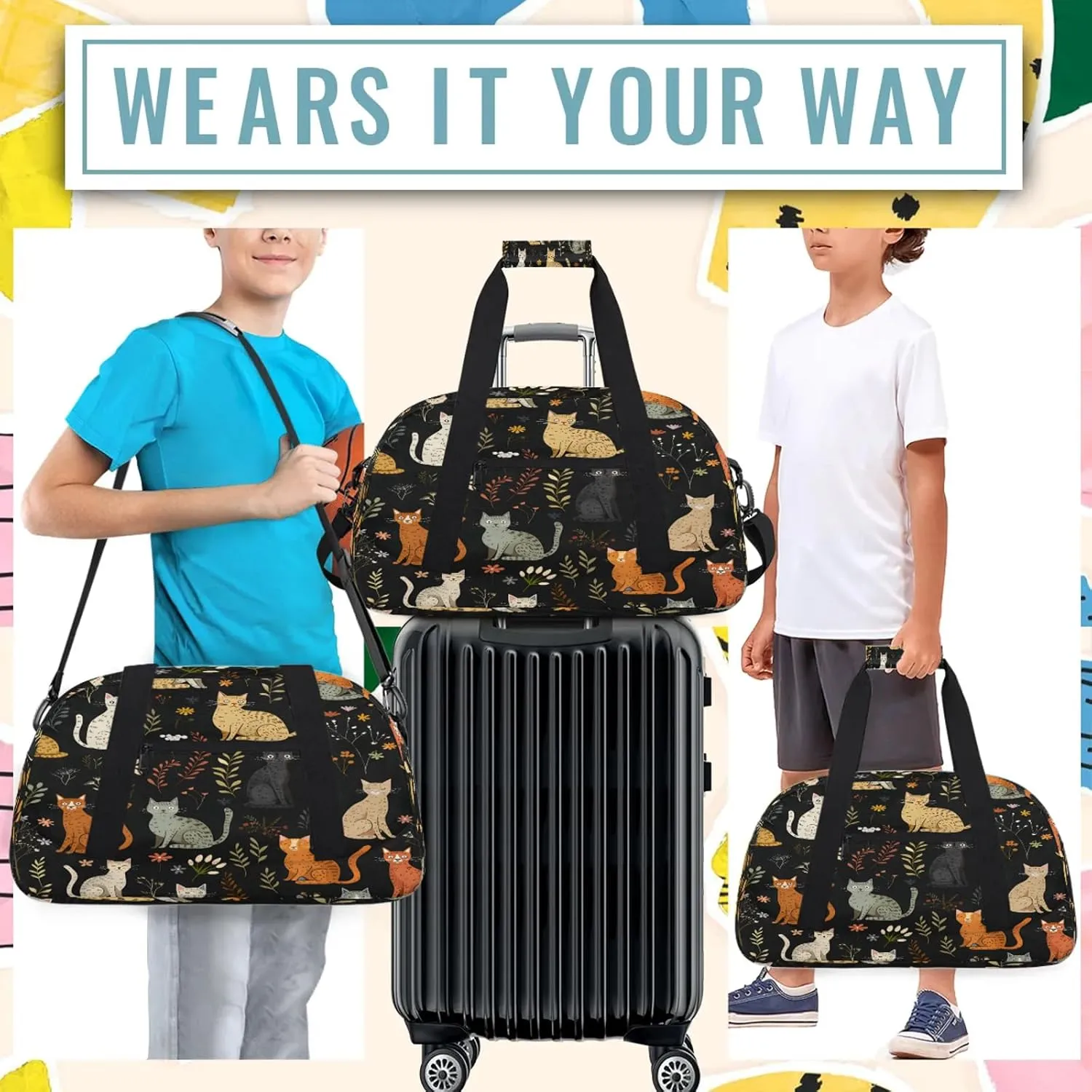 Colorful Cats Small Gym Bag 18 inch Carry On Duffel Bag for Weekender Travel Sports Workout Yoga Gymnastics Dance Ballet