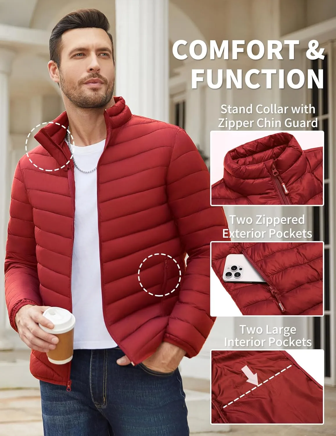 COOFANDY Men's Puffer Jacket Packable Lightweight Puffy Jackets with Zippered Pockets Down Alternative Winter Coat