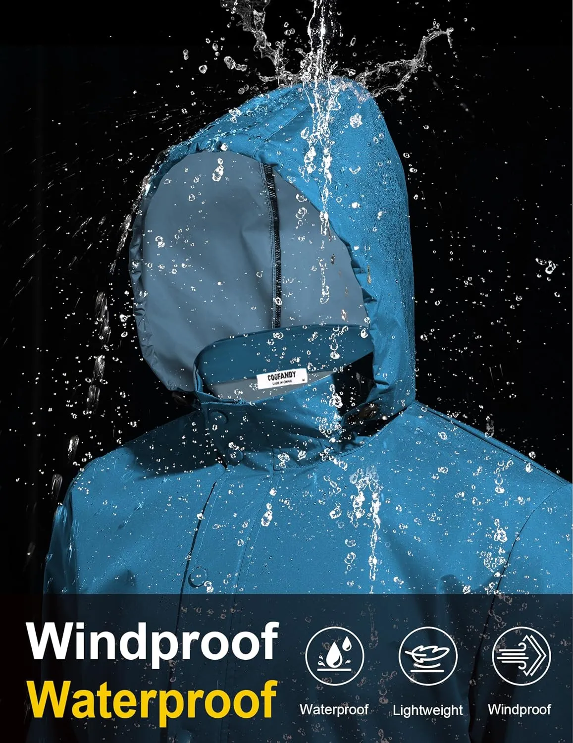 COOFANDY Men's Rain Jacket Waterproof Packable Raincoat Lightweight Rain Shell Hood Travel Golf Hiking Cycling Zip Pockets