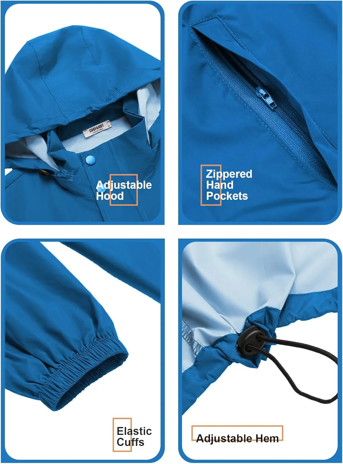 COOFANDY Men's Rain Jacket Waterproof Packable Raincoat Lightweight Rain Shell Hood Travel Golf Hiking Cycling Zip Pockets