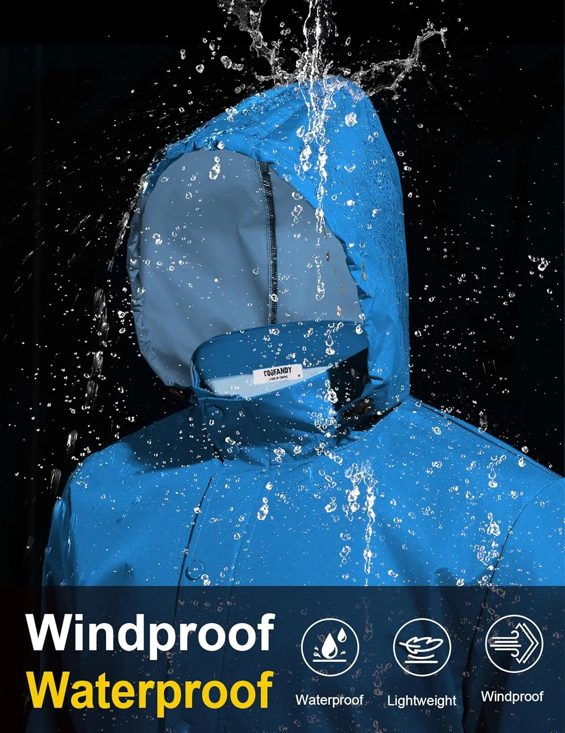COOFANDY Men's Rain Jacket Waterproof Packable Raincoat Lightweight Rain Shell Hood Travel Golf Hiking Cycling Zip Pockets