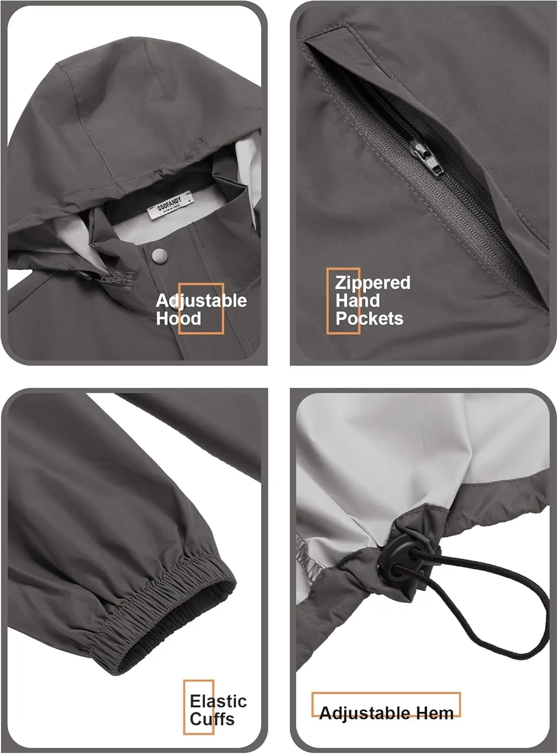 COOFANDY Men's Rain Jacket Waterproof Packable Raincoat Lightweight Windbreaker with Hood for Hiking Cycling