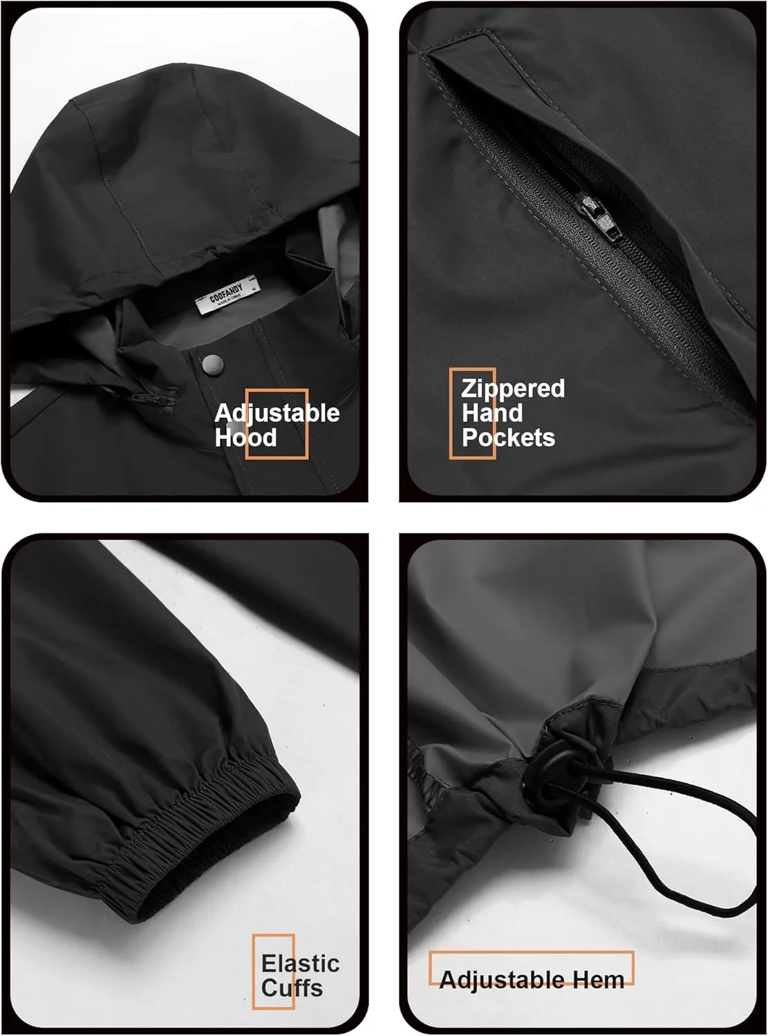 COOFANDY Men's Rain Jacket Waterproof Packable Raincoat Lightweight Windbreaker with Hood for Hiking Cycling