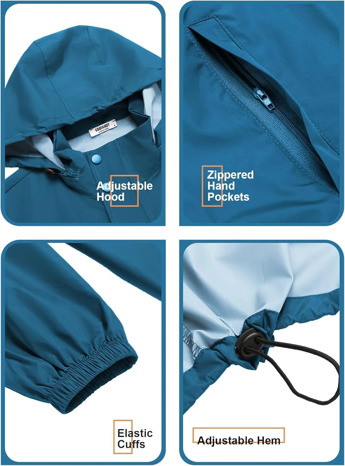 COOFANDY Men's Rain Jacket Waterproof Packable Raincoat Lightweight Windbreaker with Hood for Hiking Cycling