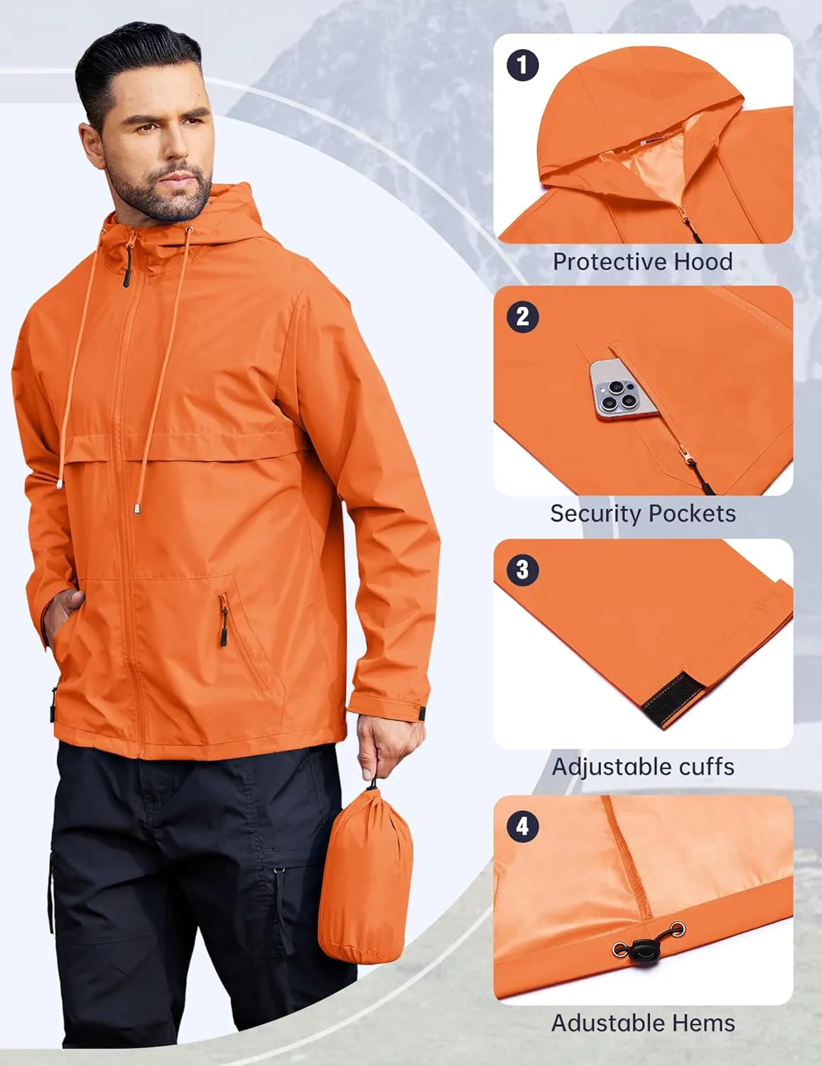 COOFANDY Men's Rain Jacket Waterproof with Hood Packable Rain Coat Lightweight Windbreaker for Hiking Golf Outdoor