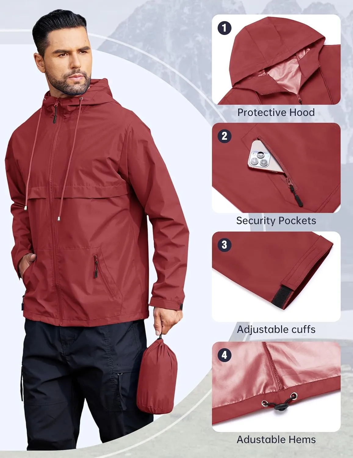 COOFANDY Men's Rain Jacket Waterproof with Hood Packable Rain Coat Lightweight Windbreaker for Hiking Golf Outdoor