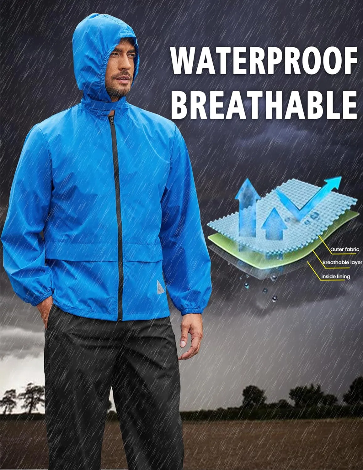 COOFANDY Men's Rain Suit 2 Piece Waterproof Breathable Rain Gear Lightweight Rain Jacket Pants Rainwear Suit