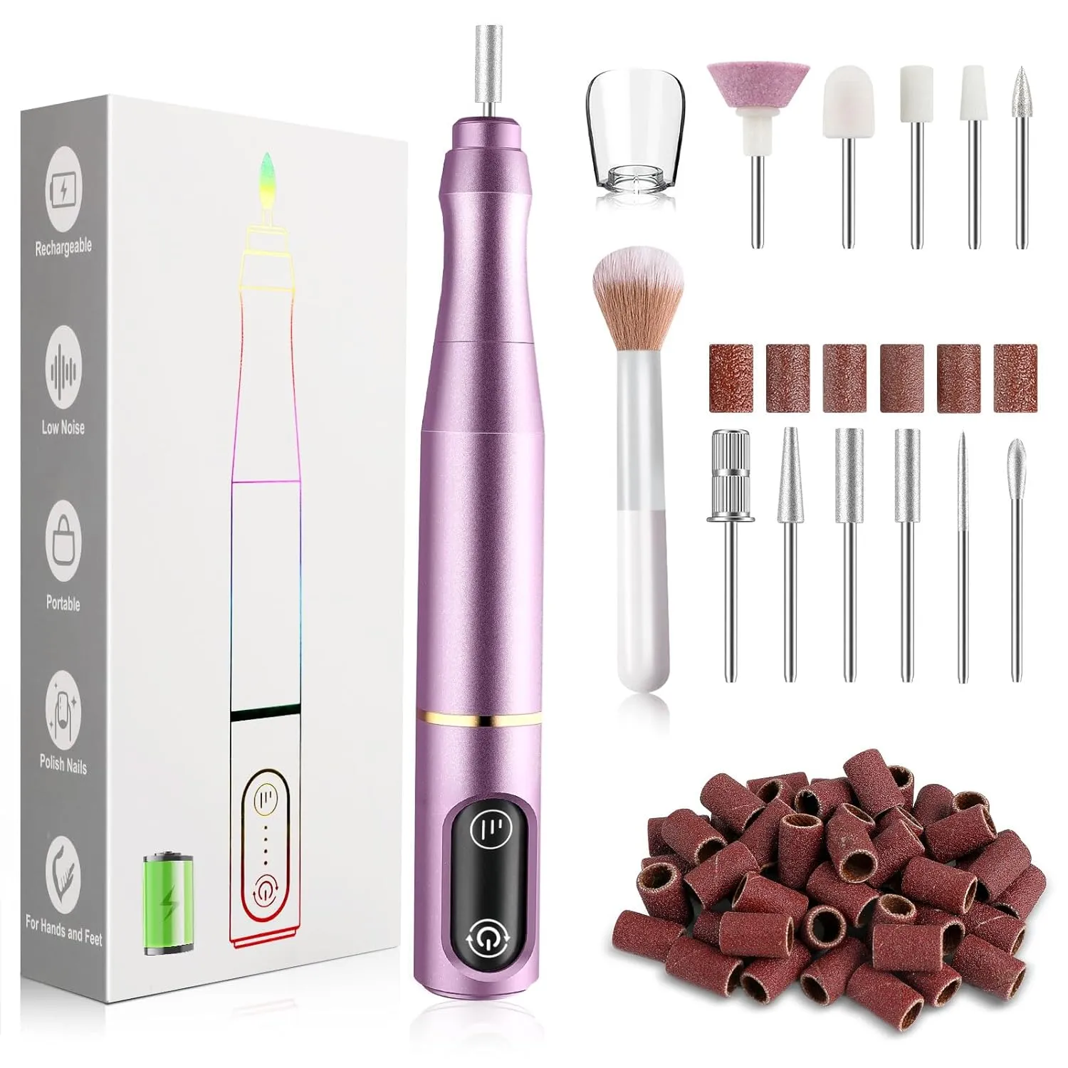Cordless Nail Drill Electric Nail File Kit Rechargeable Professional Efile Nail Set, Portable Acrylic Gel Nail Polish Remover Machine Pedicure Manicure Tool, 11 Bits 56 Sanding Bands Salon Home