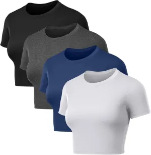 Coume 4 Pack Women's Compression Crop Tops Dry Fit Short Sleeve T Shirt Crew Neck Workout Athletic Shirt Yoga Tight Basic Tee