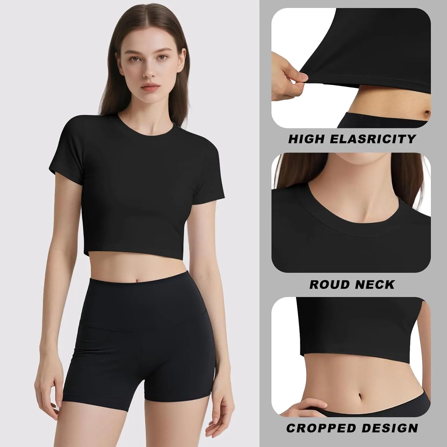 Coume 4 Pack Women's Compression Crop Tops Dry Fit Short Sleeve T Shirt Crew Neck Workout Athletic Shirt Yoga Tight Basic Tee