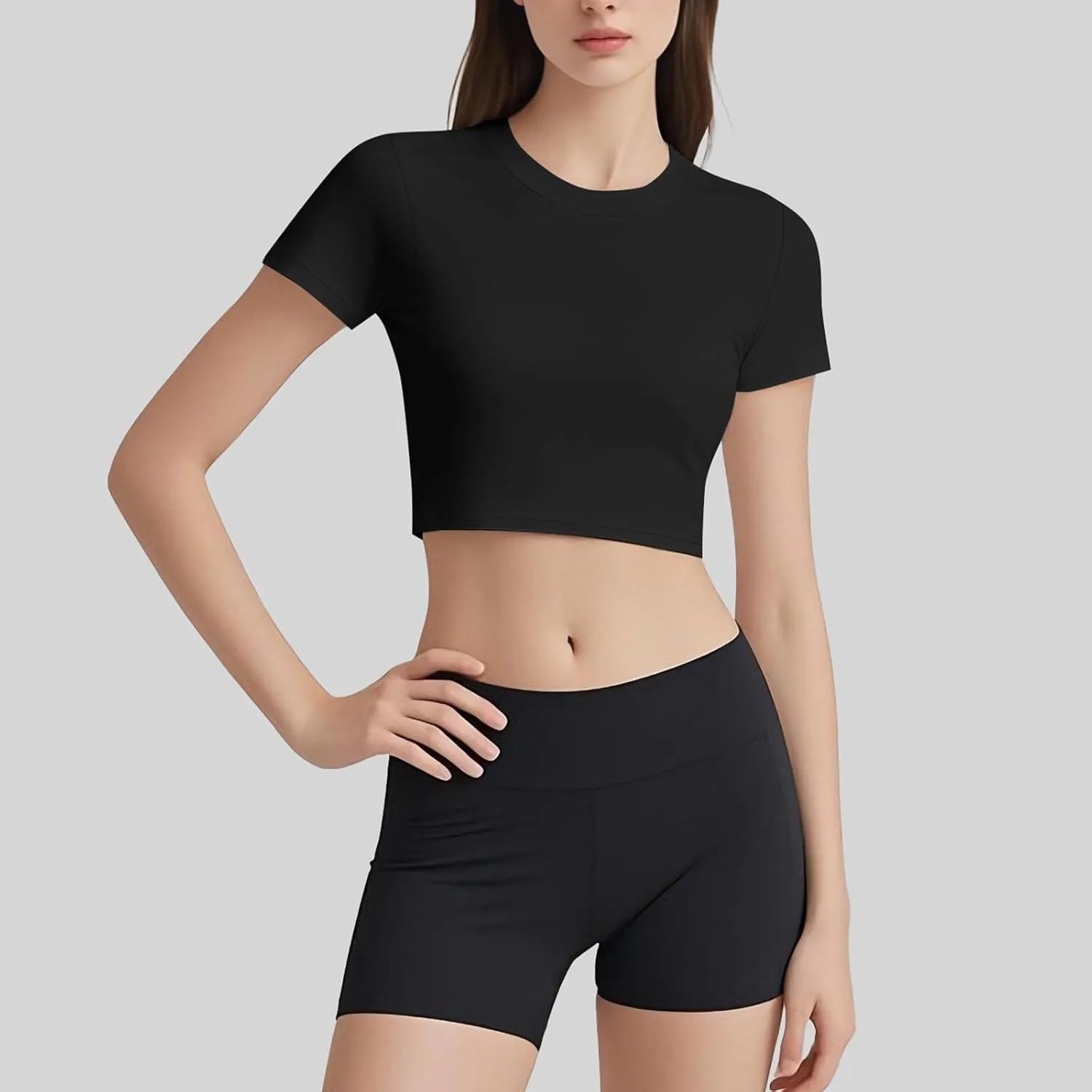Coume 4 Pack Women's Compression Crop Tops Dry Fit Short Sleeve T Shirt Crew Neck Workout Athletic Shirt Yoga Tight Basic Tee