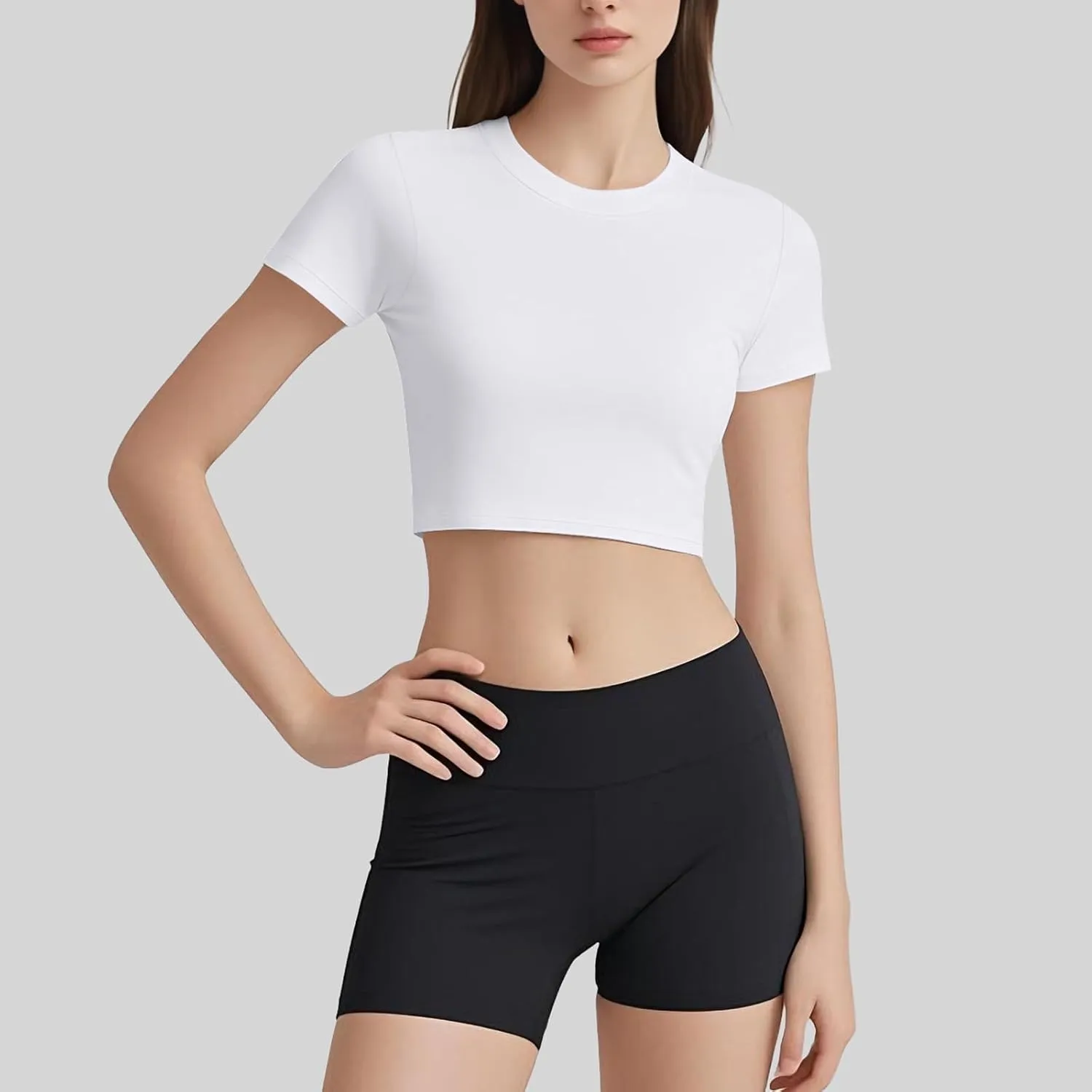 Coume 4 Pack Women's Compression Crop Tops Dry Fit Short Sleeve T Shirt Crew Neck Workout Athletic Shirt Yoga Tight Basic Tee