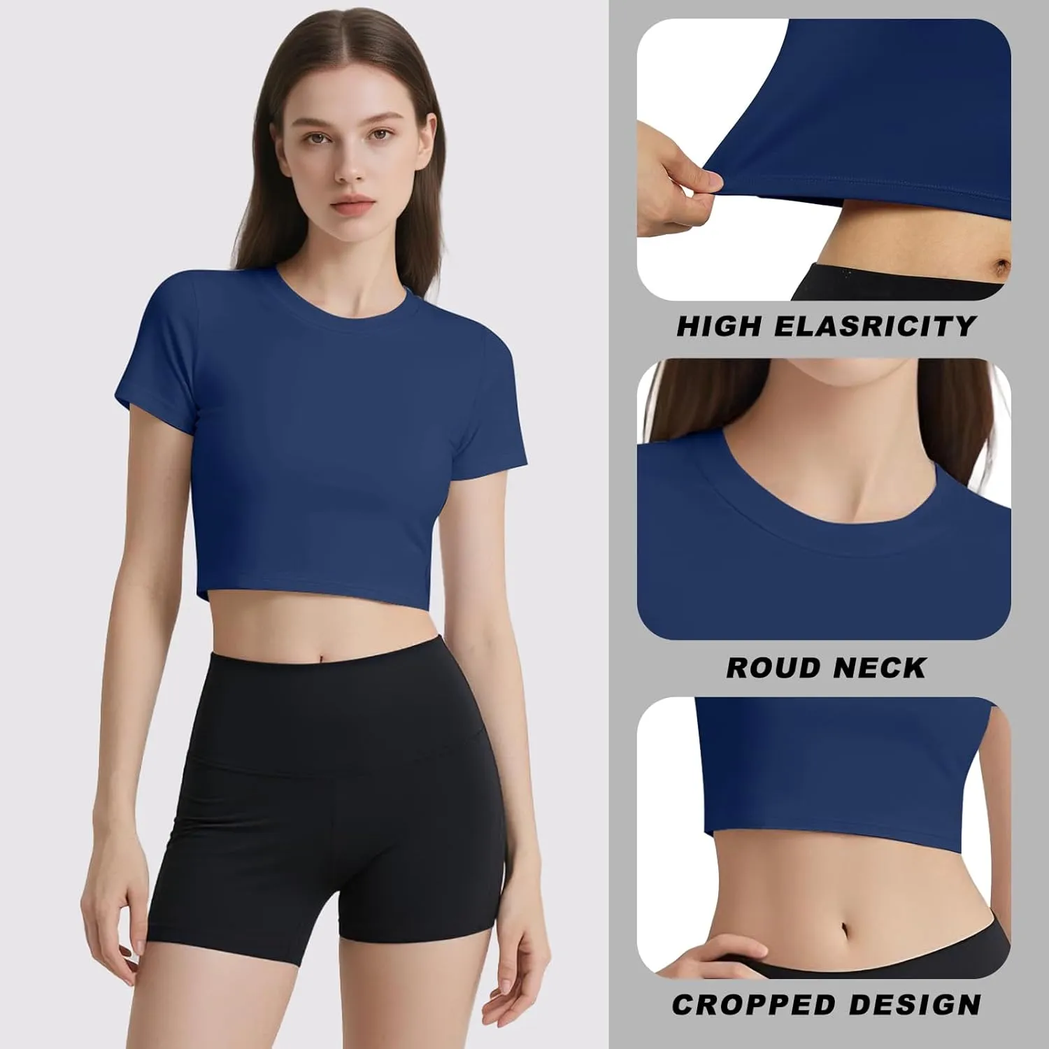 Coume 4 Pack Women's Compression Crop Tops Dry Fit Short Sleeve T Shirt Crew Neck Workout Athletic Shirt Yoga Tight Basic Tee