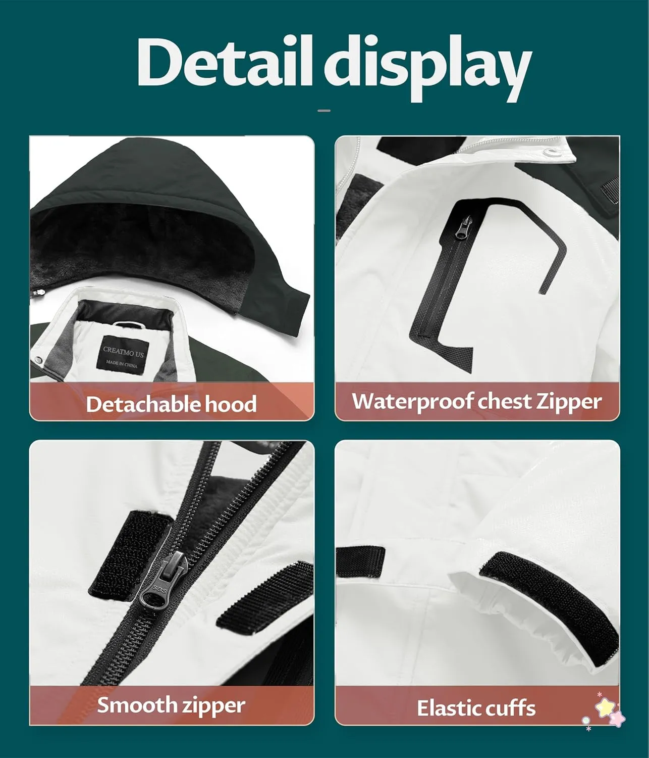 CREATMO US Boy's Waterproof Ski Jacket Warm Winter Snow Coat Windproof Snowboarding Rain Jacket