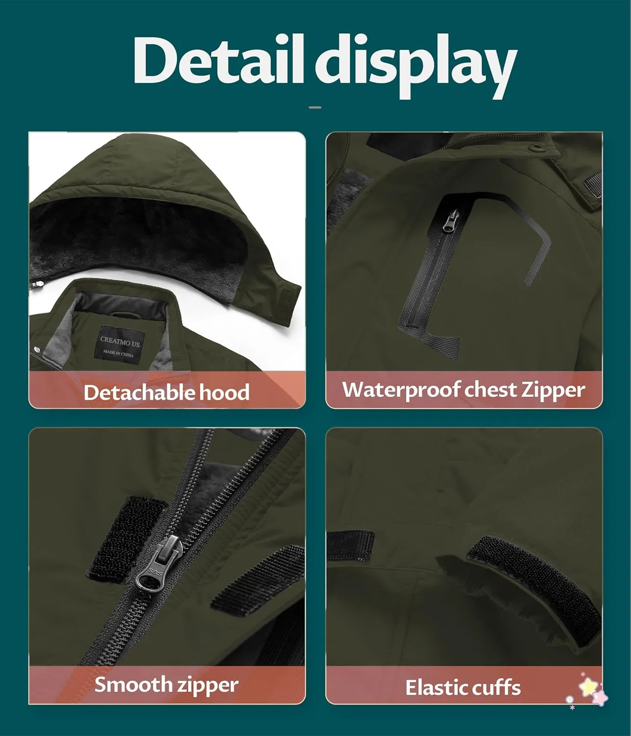 CREATMO US Boy's Waterproof Ski Jacket Warm Winter Snow Coat Windproof Snowboarding Rain Jacket