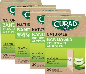 CURAD Naturals Aloe Vera & Vitamin E Bandages 0.75" x 3", Individually Wrapped Sterile Bandage, First Aid Kit Essential, Protects Scrapes and Cuts, Absorbent and Self-Adhesive, 30-Count - 4 Boxes