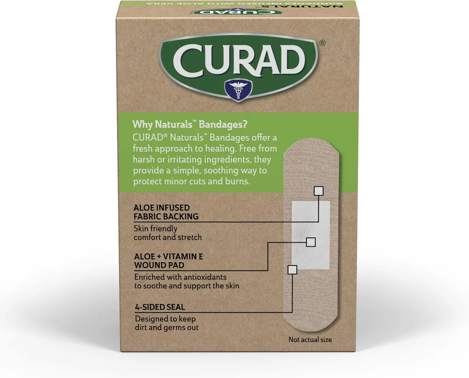 CURAD Naturals Aloe Vera & Vitamin E Bandages 0.75" x 3", Individually Wrapped Sterile Bandage, First Aid Kit Essential, Protects Scrapes and Cuts, Absorbent and Self-Adhesive, 30-Count - 4 Boxes