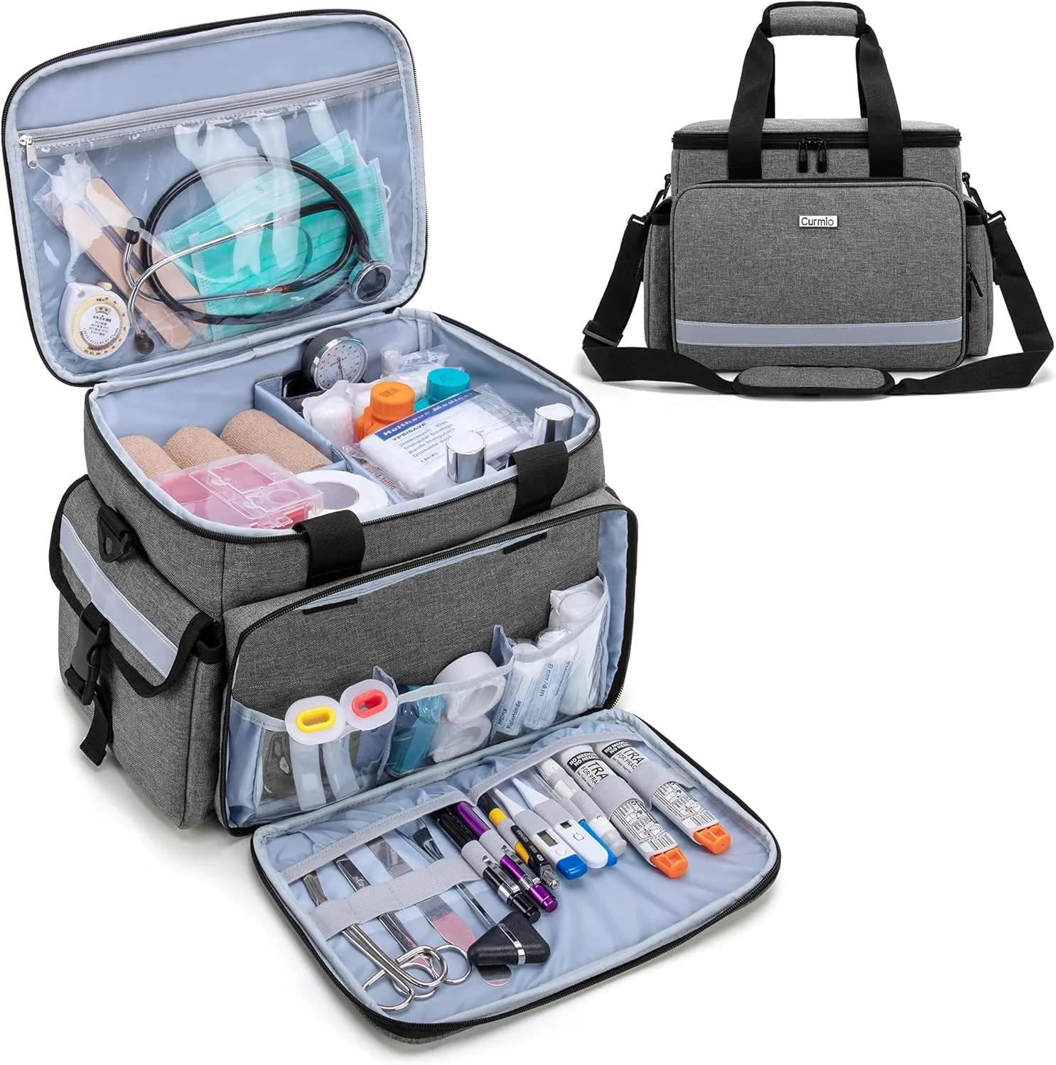 CURMIO Medical Bag, Empty First Aid Bag with Dividers for Home Health Care and Emergency Supplies, Gray (Empty Bag Only)