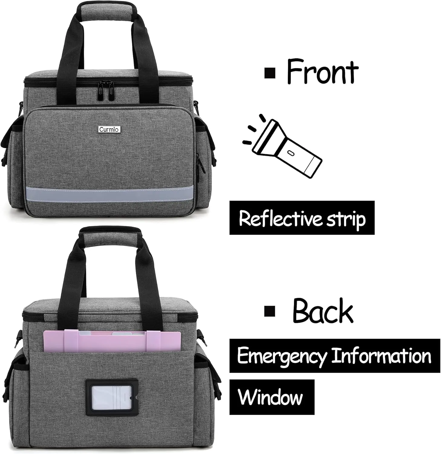 CURMIO Medical Bag, Empty First Aid Bag with Dividers for Home Health Care and Emergency Supplies, Gray (Empty Bag Only)