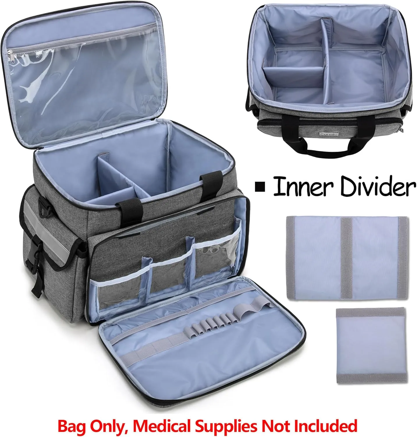 CURMIO Medical Bag, Empty First Aid Bag with Dividers for Home Health Care and Emergency Supplies, Gray (Empty Bag Only)