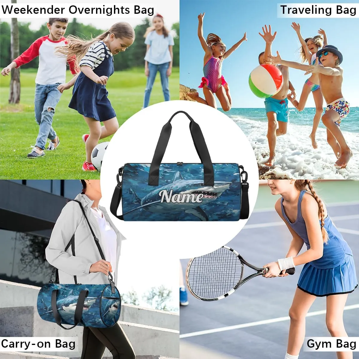 Custom Dance Duffel Bag Sport Backpacks Gyms and Weekend Overnight Travel Duffle Bag Birthday Christmas Halloween Waterproof, Shark Print