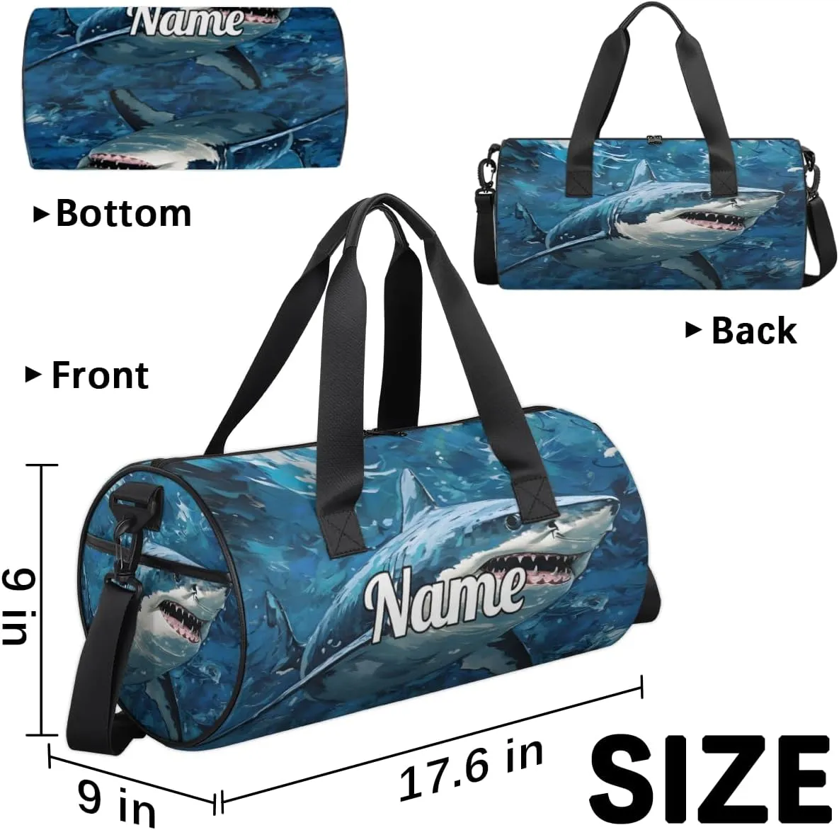 Custom Dance Duffel Bag Sport Backpacks Gyms and Weekend Overnight Travel Duffle Bag Birthday Christmas Halloween Waterproof, Shark Print
