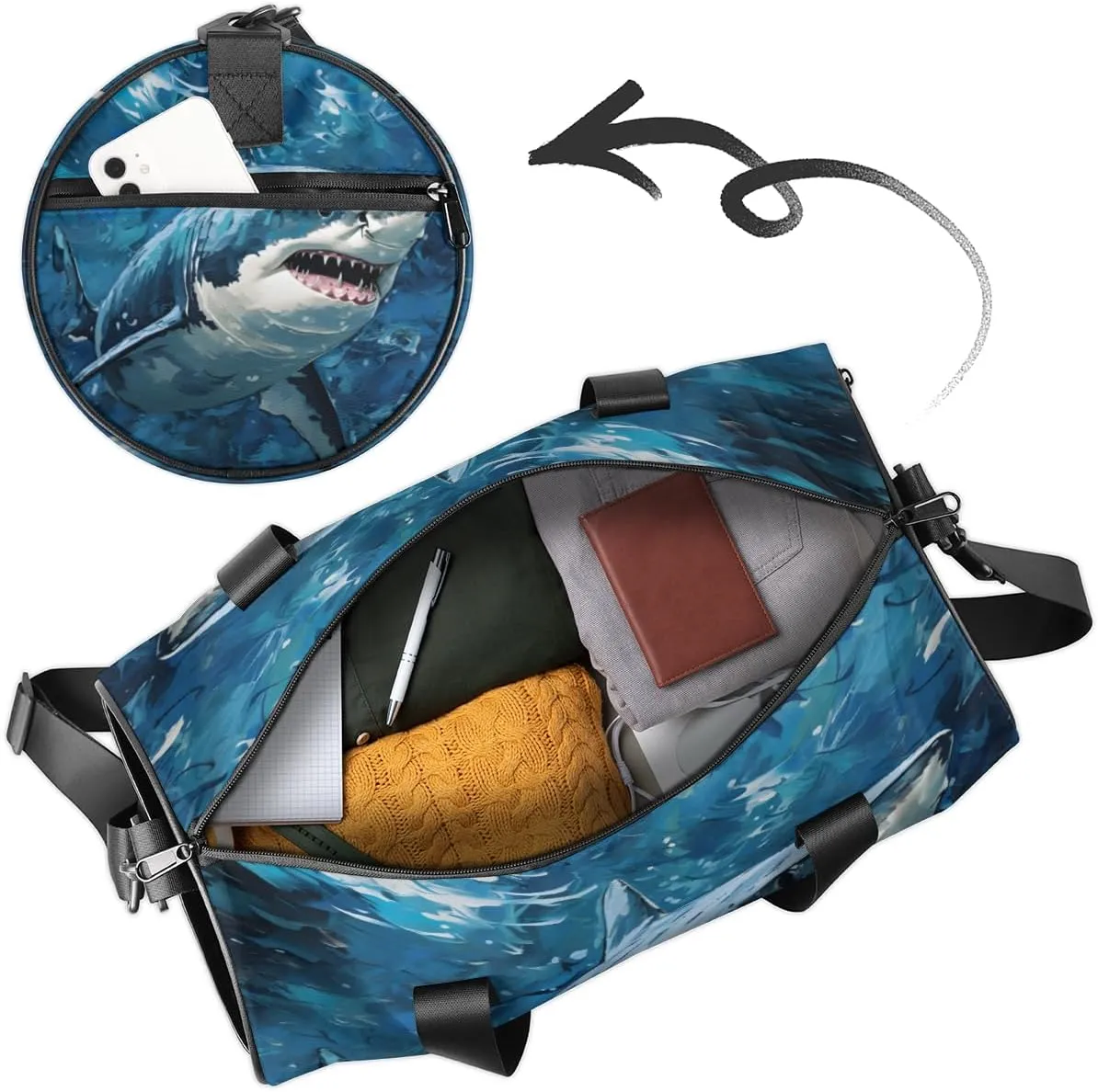 Custom Dance Duffel Bag Sport Backpacks Gyms and Weekend Overnight Travel Duffle Bag Birthday Christmas Halloween Waterproof, Shark Print