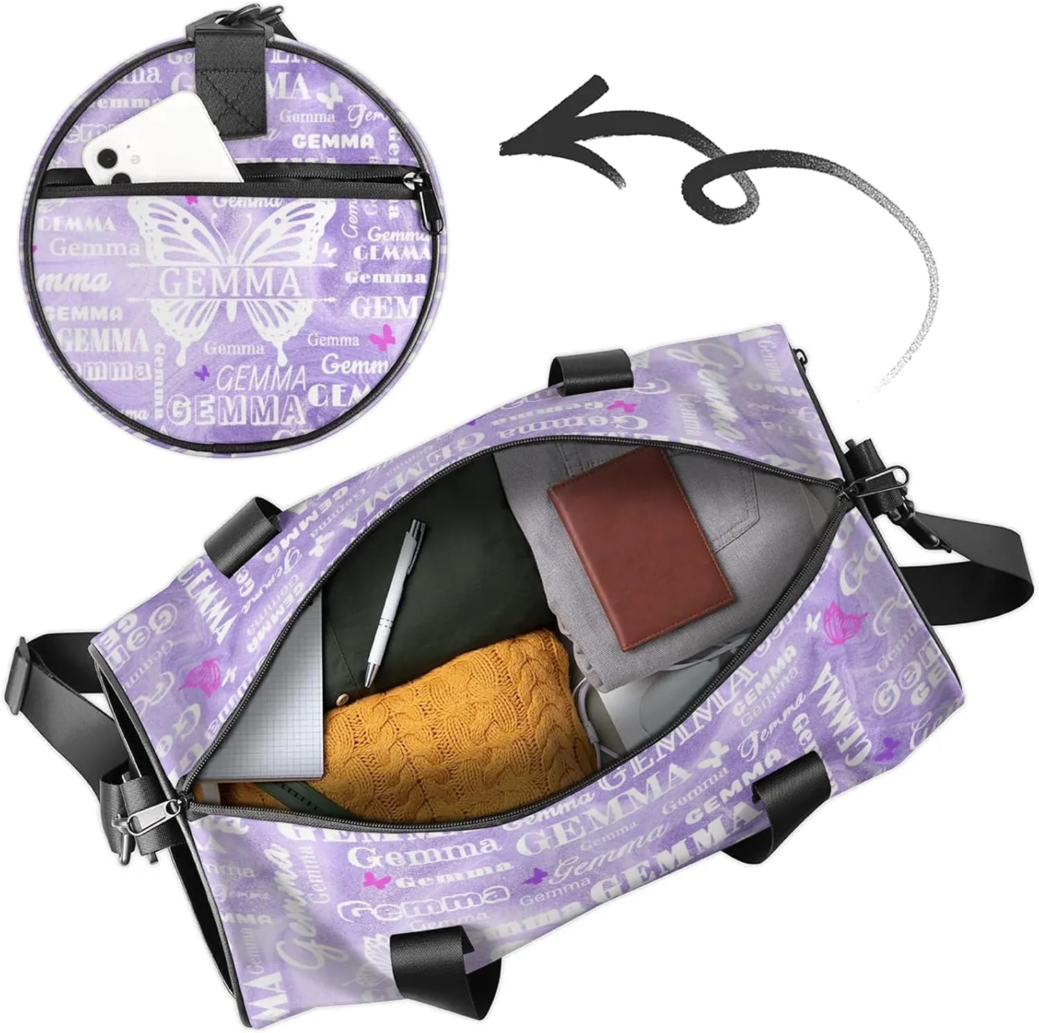 Custom Sport Duffel Bag with Name Butterfly Round Travel Overnight Bag for Women Men Waterproof Dance Ballet Bag Lightweight 17.6in, Purple Fluid Glitter