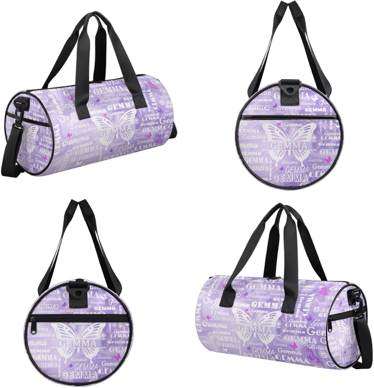 Custom Sport Duffel Bag with Name Butterfly Round Travel Overnight Bag for Women Men Waterproof Dance Ballet Bag Lightweight 17.6in, Purple Fluid Glitter