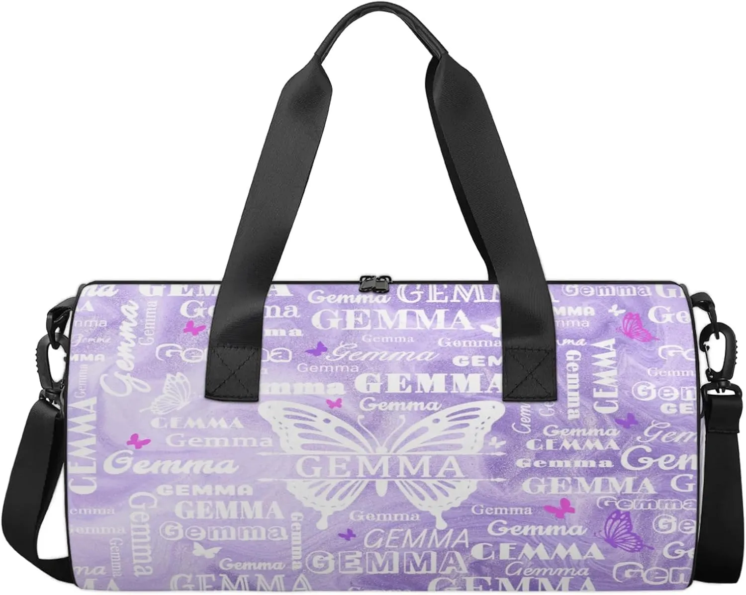 Custom Sport Duffel Bag with Name Butterfly Round Travel Overnight Bag for Women Men Waterproof Dance Ballet Bag Lightweight 17.6in, Purple Fluid Glitter