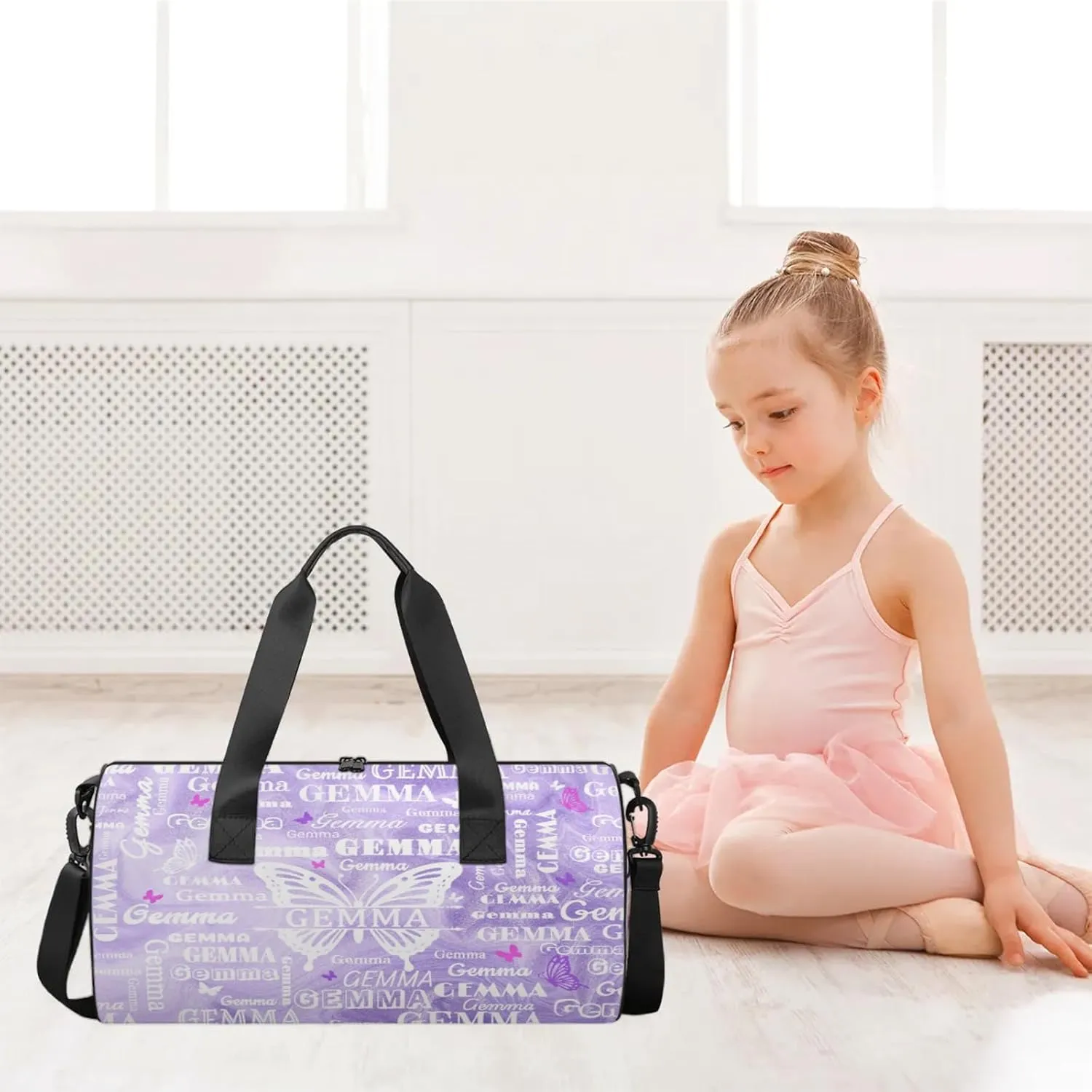 Custom Sport Duffel Bag with Name Butterfly Round Travel Overnight Bag for Women Men Waterproof Dance Ballet Bag Lightweight 17.6in, Purple Fluid Glitter