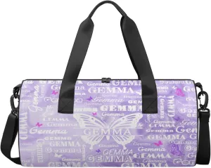 Custom Sport Duffel Bag with Name Butterfly Round Travel Overnight Bag for Women Men Waterproof Dance Ballet Bag Lightweight 17.6in, Purple Fluid Glitter
