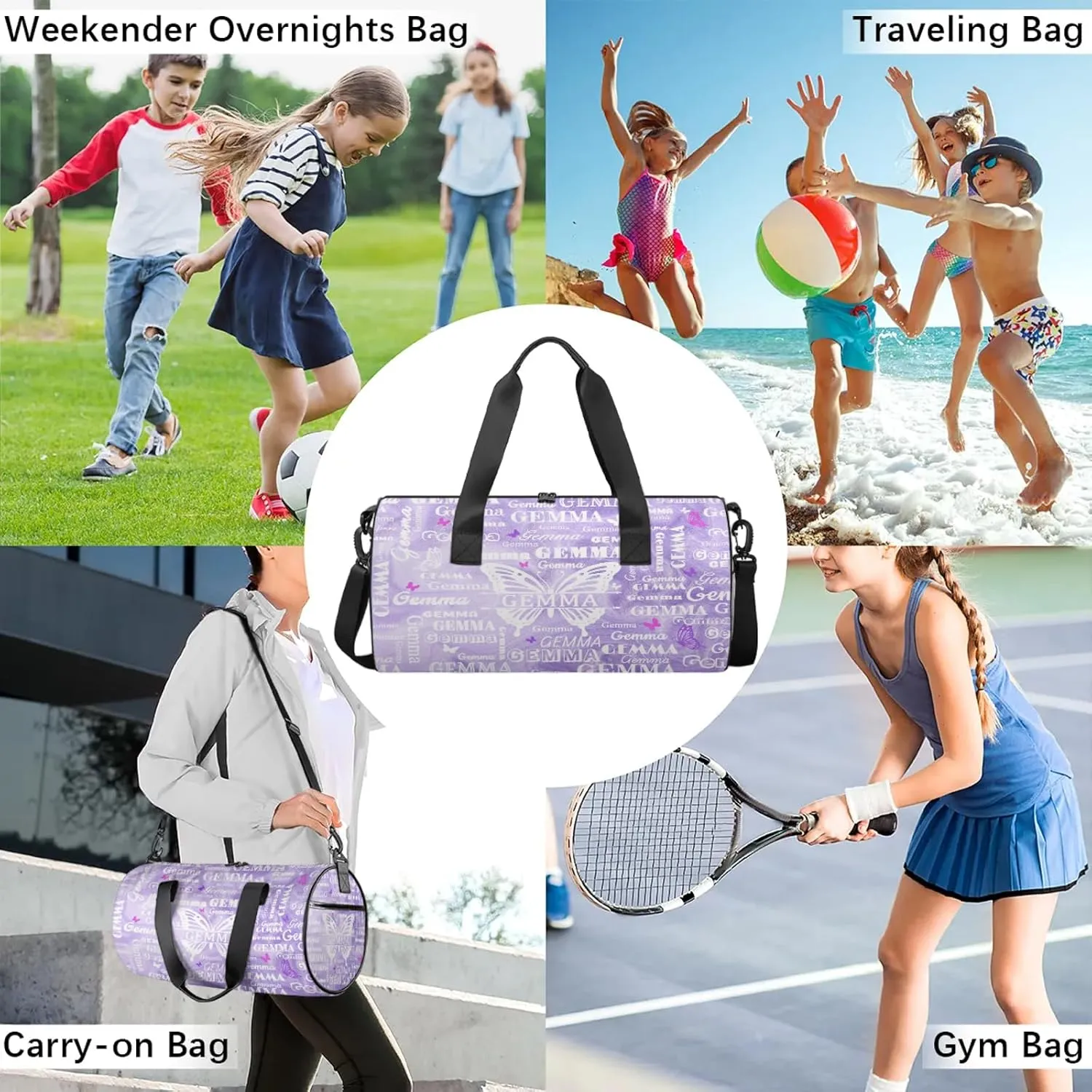 Custom Sport Duffel Bag with Name Butterfly Round Travel Overnight Bag for Women Men Waterproof Dance Ballet Bag Lightweight 17.6in, Purple Fluid Glitter