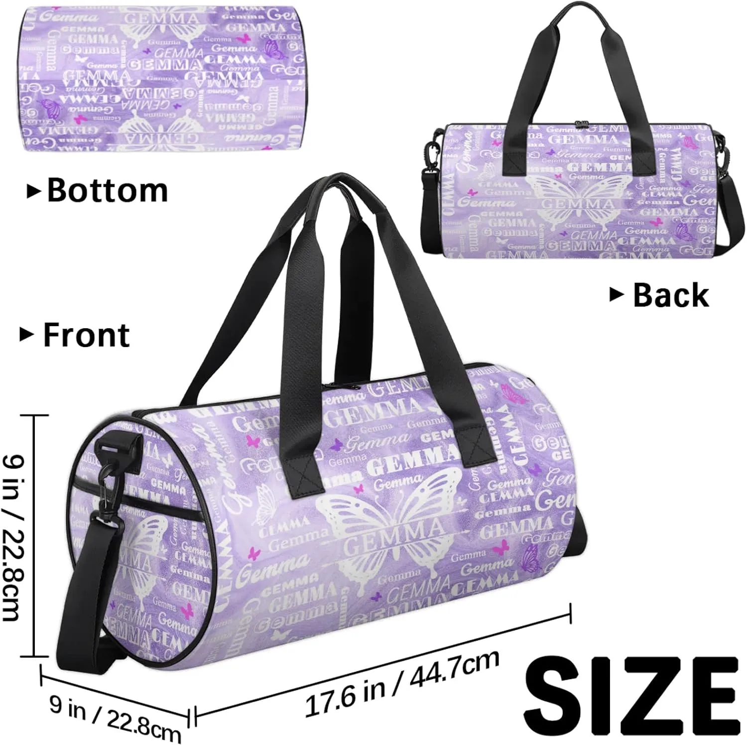 Custom Sport Duffel Bag with Name Butterfly Round Travel Overnight Bag for Women Men Waterproof Dance Ballet Bag Lightweight 17.6in, Purple Fluid Glitter