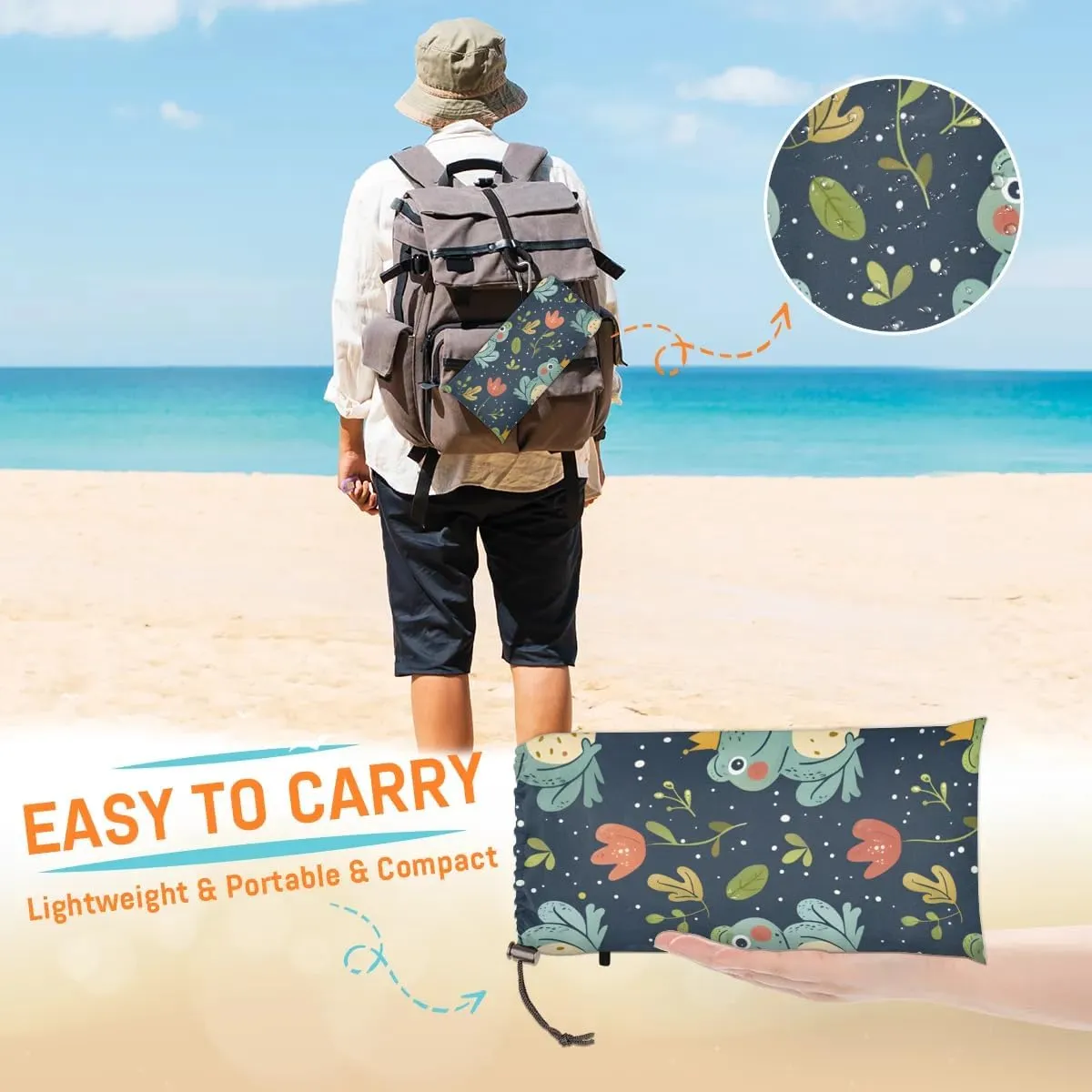 Cute Frog Beach Blanket, Sandproof Beach Mat, 68 x 59 Waterproof Quick Drying Sand Free Mat with 4 x Ground Spikes for Outdoor Travel Camping Hiking, Funny Frog