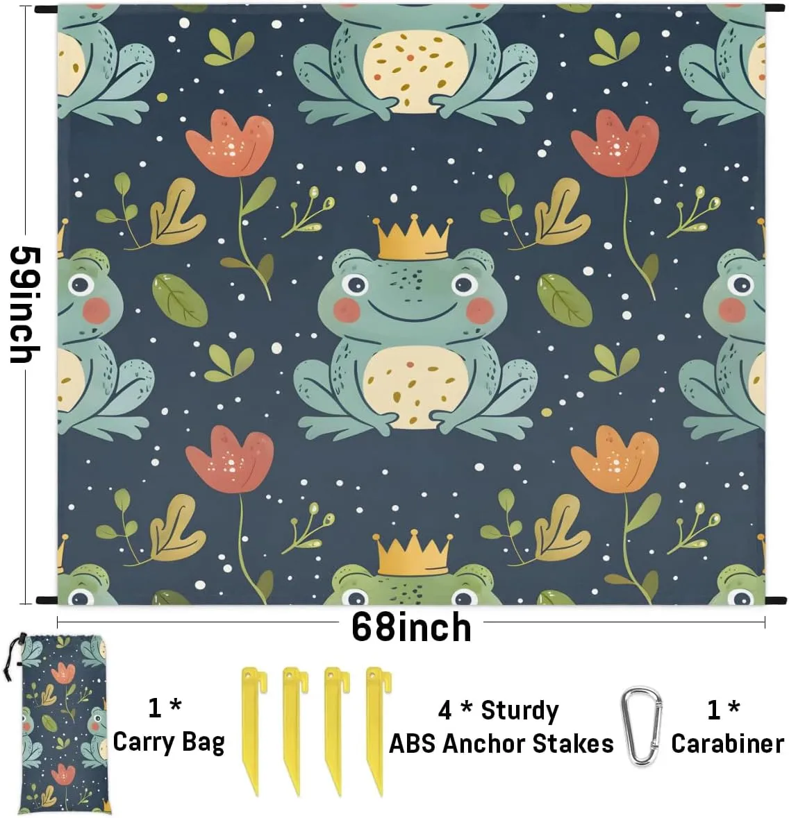 Cute Frog Beach Blanket, Sandproof Beach Mat, 68 x 59 Waterproof Quick Drying Sand Free Mat with 4 x Ground Spikes for Outdoor Travel Camping Hiking, Funny Frog