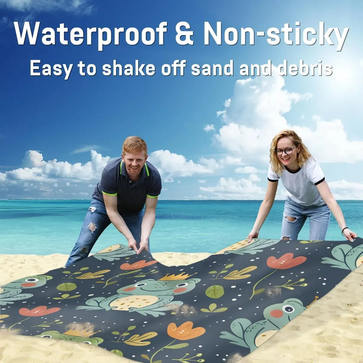 Cute Frog Beach Blanket, Sandproof Beach Mat, 68 x 59 Waterproof Quick Drying Sand Free Mat with 4 x Ground Spikes for Outdoor Travel Camping Hiking, Funny Frog