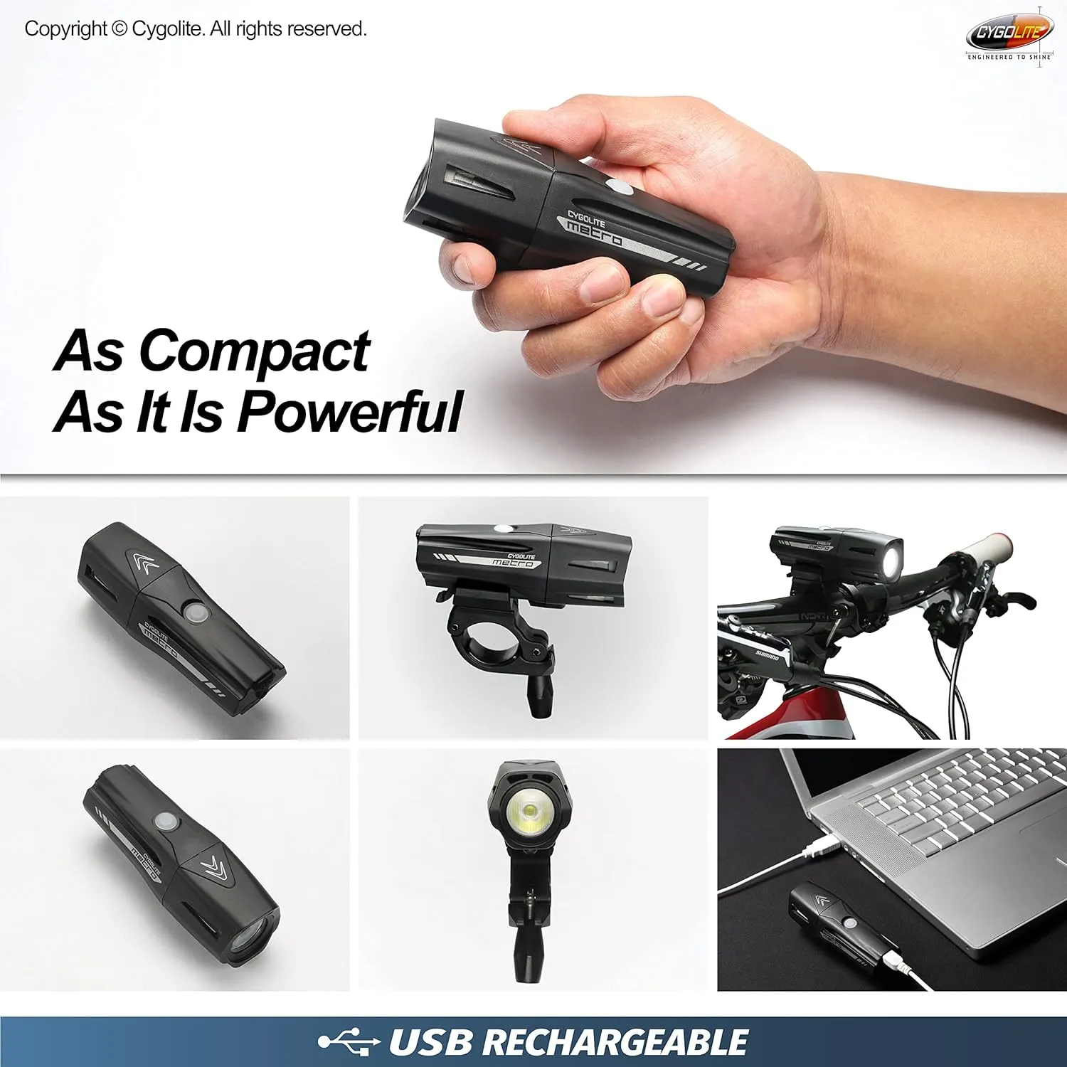 Cygolite Metro 1200, 1100, 950, 800, 650 Lumen Bicycle Headlight Models – Night & Day Modes– Compact– IP67 Waterproof– Secured Hard Mount– USB Rechargeable– for Road, Mountain, Commuter Bicycles