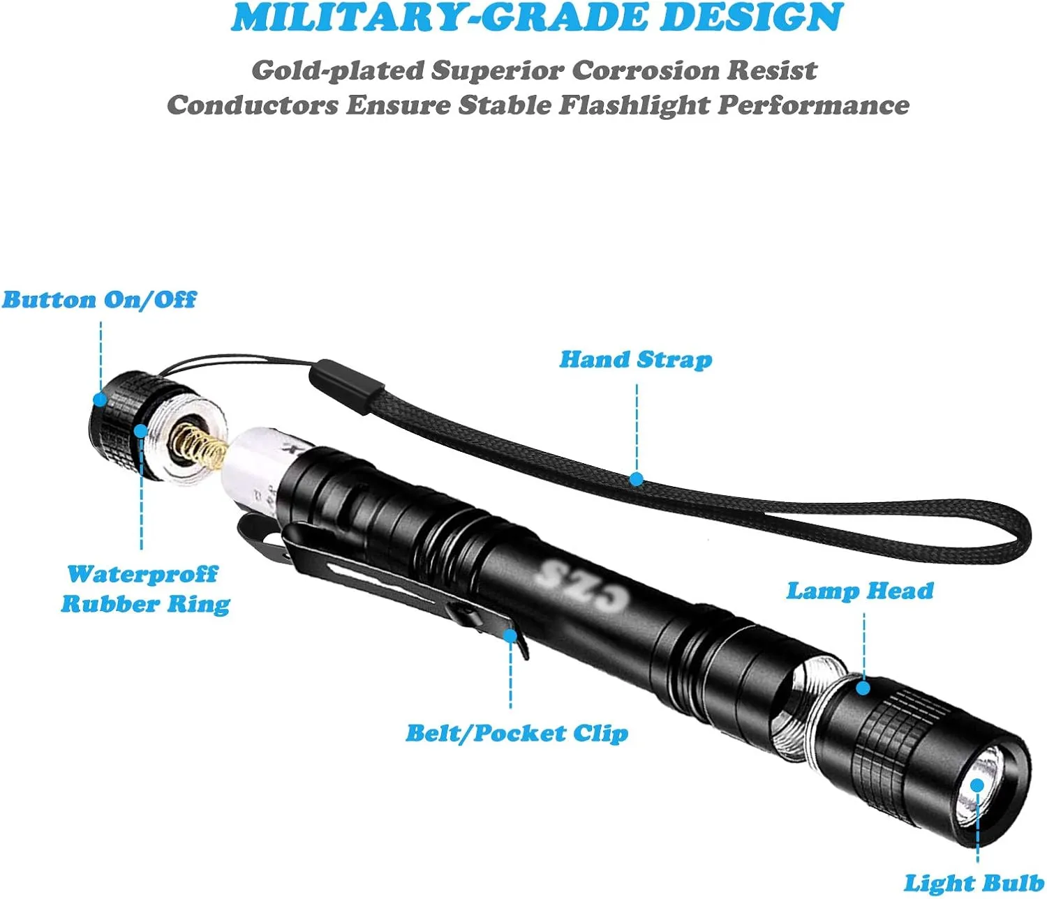 CZS LED Flashlight Penlight 1000 Lumens Battery-Powered Handheld Pen Light Pocket Torch Powered by 2AAA Battery,5 PCS (Battery Not Included)